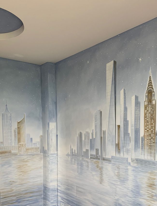 decori bagno paesaggio moderno citta grattacielo trompe l oeil maurizio magretti pittore